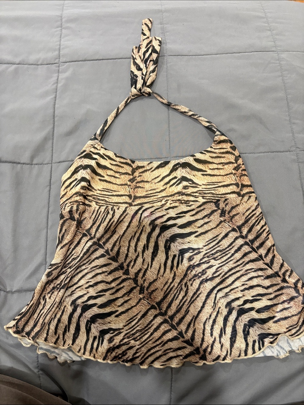 Edikted Beige and Black Tiger-Print Halter Camisole